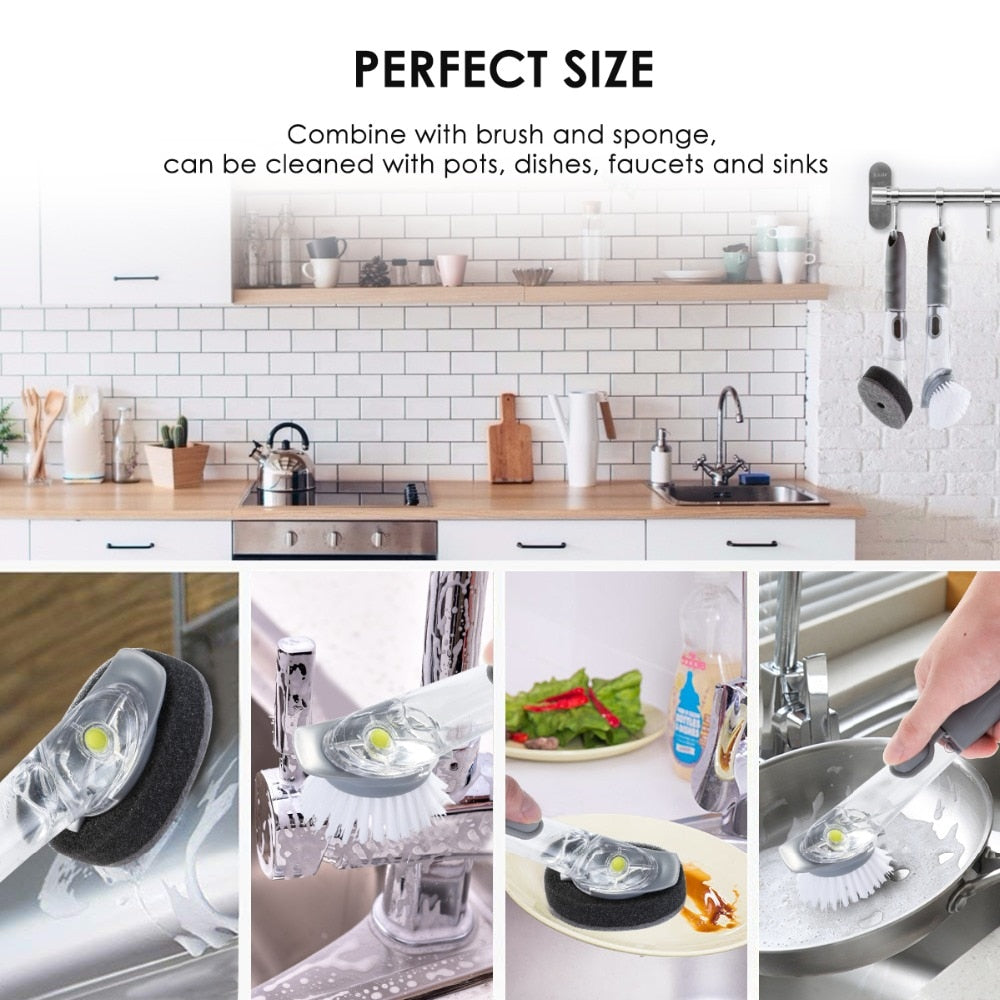 Dual-Head Kitchen Cleaning Brush with Liquid Soap Dispenser