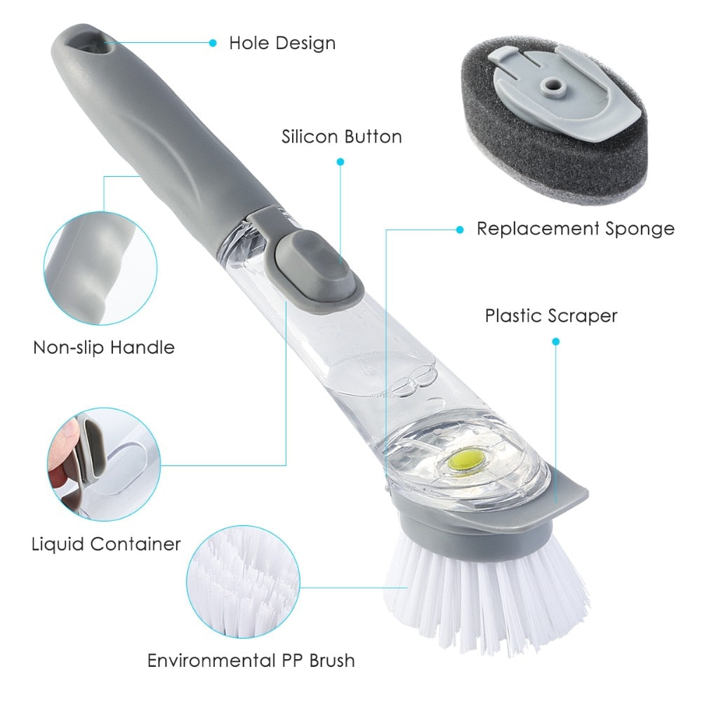 Dual-Head Kitchen Cleaning Brush with Liquid Soap Dispenser