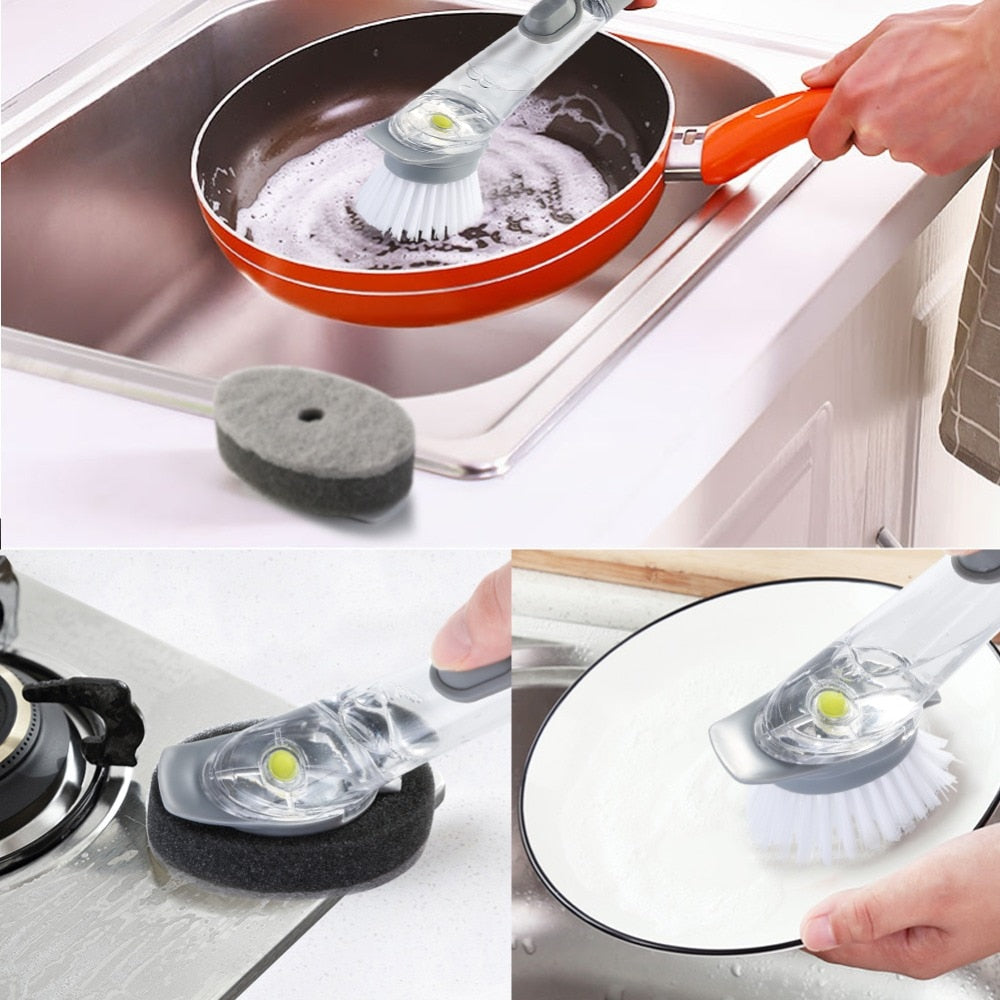 Dual-Head Kitchen Cleaning Brush with Liquid Soap Dispenser